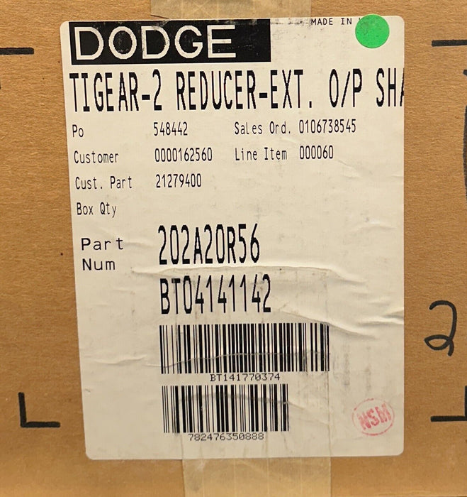 DODGE 202A20R56 TIGEAR-2 REDUCER-EXT O/P SHAFT 20:1 RATIO 1.37HP MAX NSMP