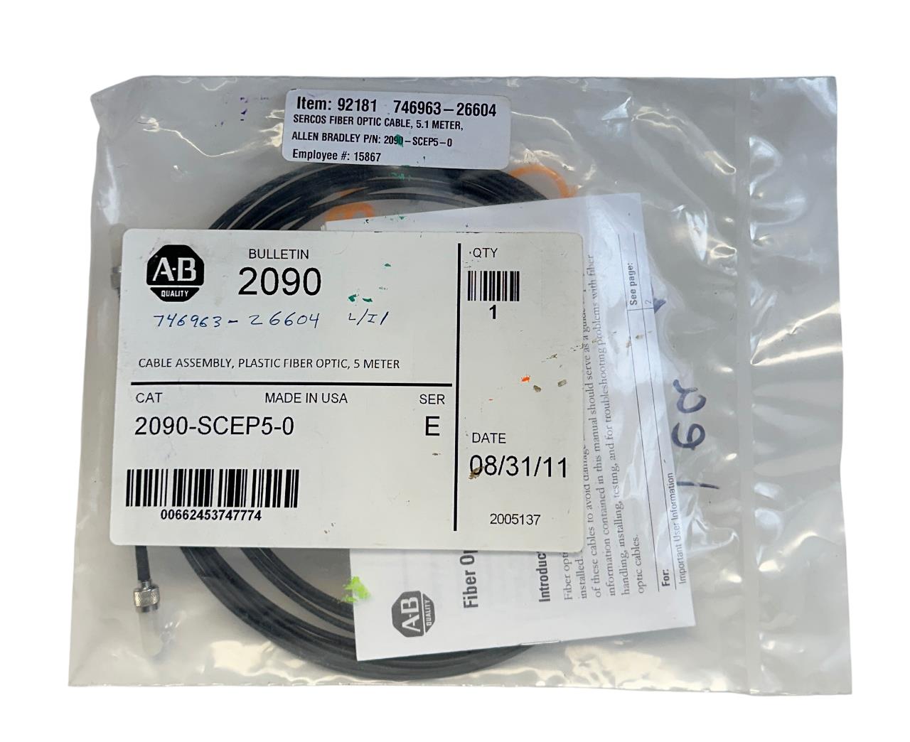 ALLEN BRADLEY 2090-SCEP5-0 /E Kinetix FIBER PLASTIC OPTIC CABLE ASSEMBLY 5M NSFS