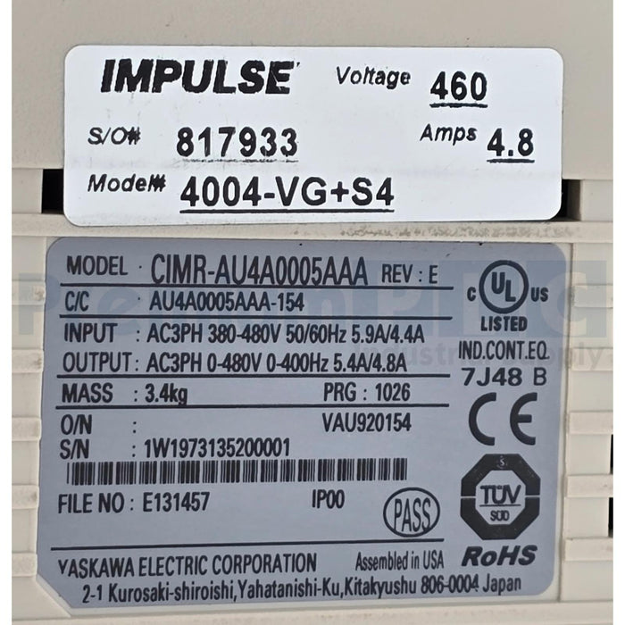 MAGNETEK YASKAWA 4004-VG+S4 IMPULSE VG+ SERIES 4 VFD 460V 3HP CIMR-AU4A0005AAA