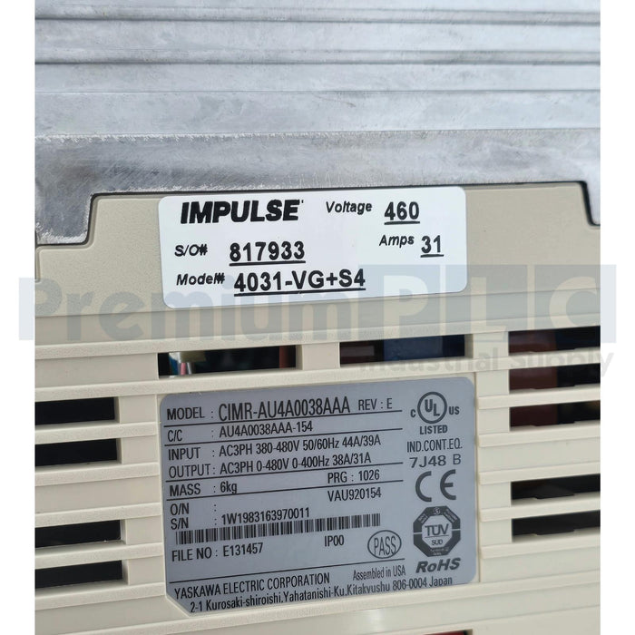 MAGNETEK YASKAWA 4031-VG+S4 IMPULSE VG+ SERIES 4 VFD 460V 20HP CIMR-AU4A0038AAA