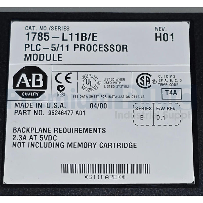 ALLEN BRADLEY 1785-L11B/E PLC-5/11 PROCESSOR MODULE REV. H01 F/W REV. D.1 NSNP