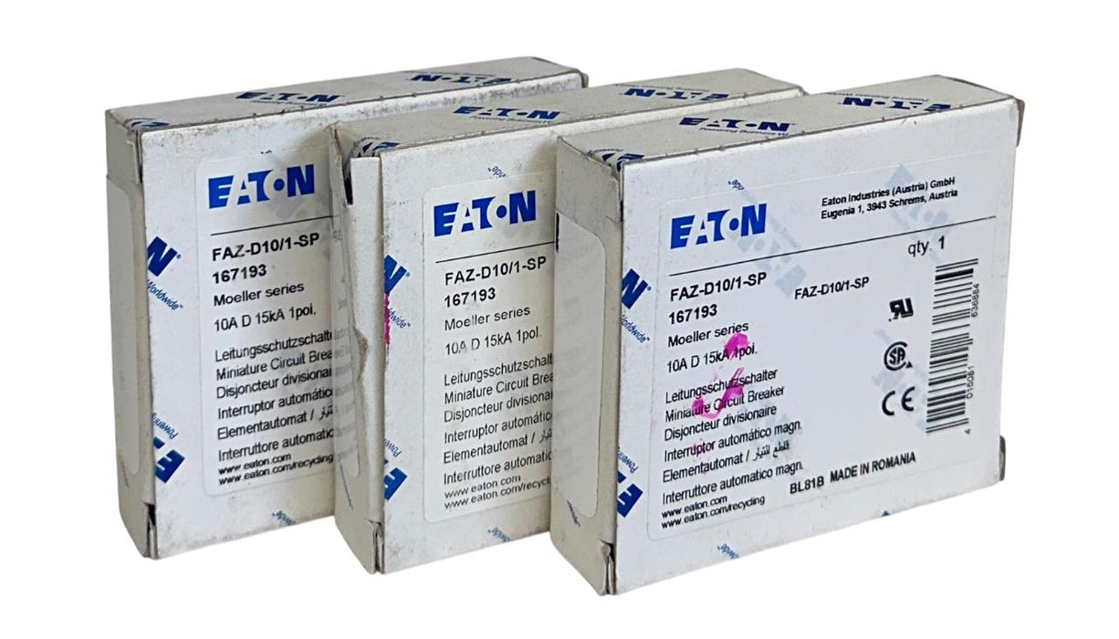 3 EATON FAZ-D10/1-SP / FAZD101SP MINI CIRCUIT BREAKERS 10A 15kA 1P 167193 NSMP