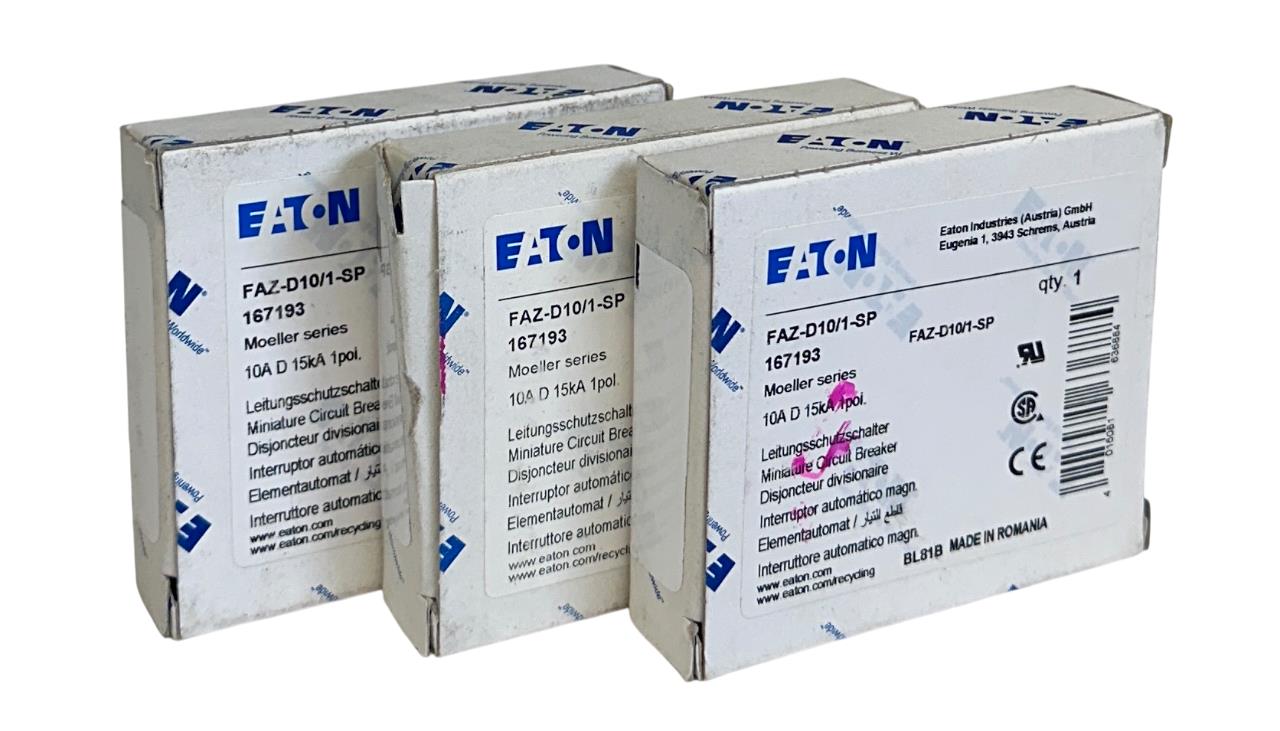 3 EATON FAZ-D10/1-SP / FAZD101SP MINI CIRCUIT BREAKERS 10A 15kA 1P 167193 NSMP