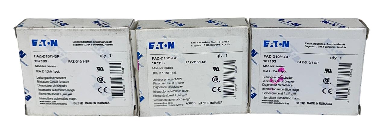 3 EATON FAZ-D10/1-SP / FAZD101SP MINI CIRCUIT BREAKERS 10A 15kA 1P 167193 NSMP