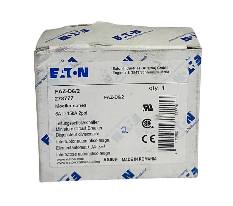 EATON FAZ-D6/2 / 278777 MOELLER SERIES CIRCUIT BREAKER 6A 15kA 2-POLE NSMP