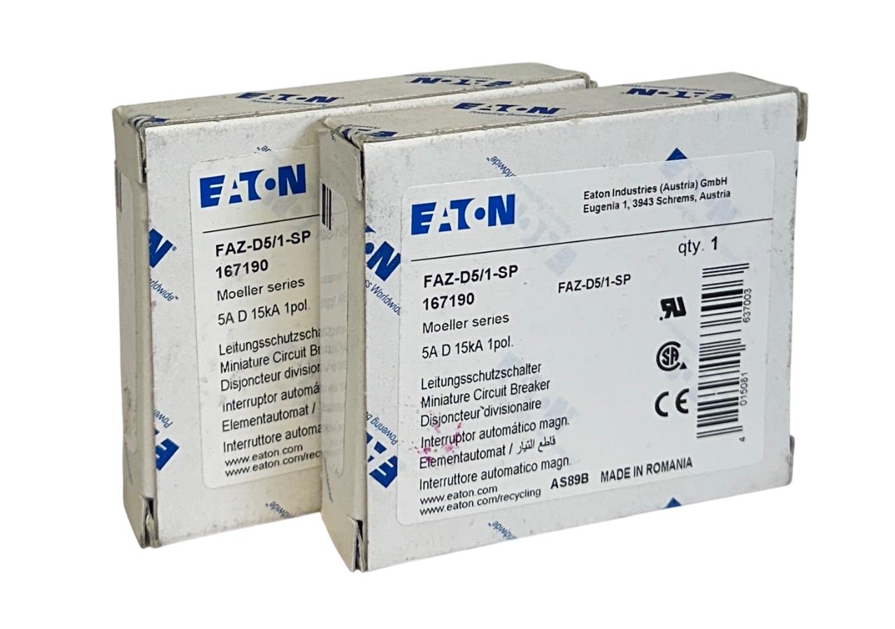 2 EATON FAZ-D5/1-SP / 167190 MOELLER SERIES CIRCUIT BREAKERS 5A 15kA 1-POLE NSMP