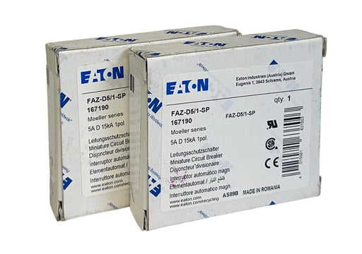 2 EATON FAZ-D5/1-SP / 167190 MOELLER SERIES CIRCUIT BREAKERS 5A 15kA 1-POLE NSMP