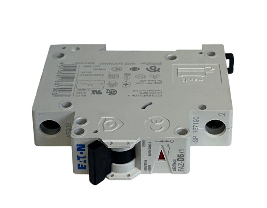 2 EATON FAZ-D5/1-SP / 167190 MOELLER SERIES CIRCUIT BREAKERS 5A 15kA 1-POLE NSMP