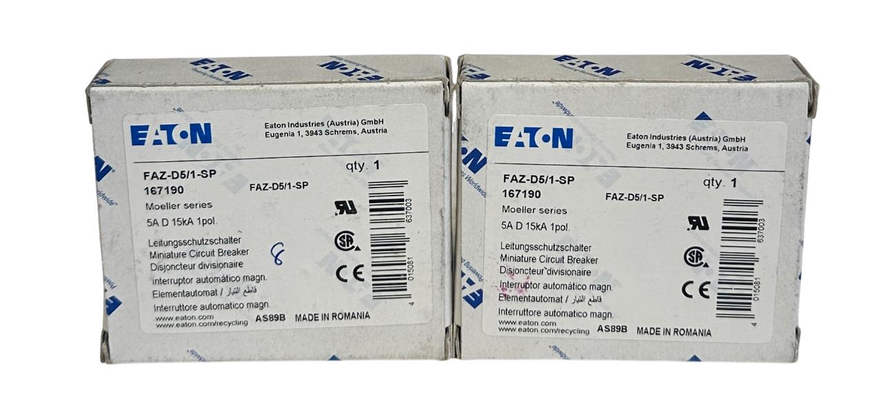 2 EATON FAZ-D5/1-SP / 167190 MOELLER SERIES CIRCUIT BREAKERS 5A 15kA 1-POLE NSMP