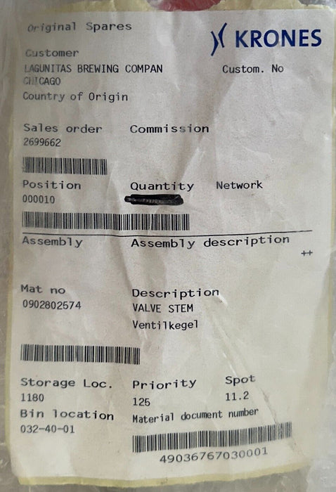 KRONES 0902802574 VALVE STEM OEM SPARE PART STAINLESS NSNP