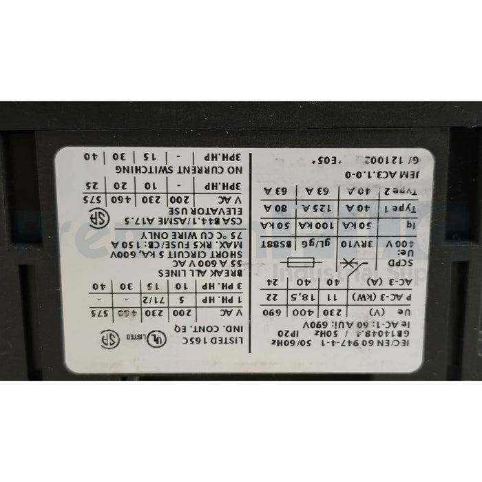 SIEMENS 3RT10351AK60 / 3RT1035-1AK60 CONTACTOR AC-3 40A, 110/120V 50/60HZ NSMP