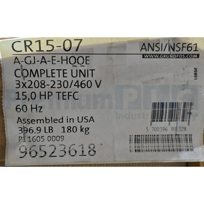 GRUNDFOS CR15-07 CENTRIFUGAL PUMP W/15HP MOTOR CR15-07A-GJ-A-E-HQQE 96523618 NEW