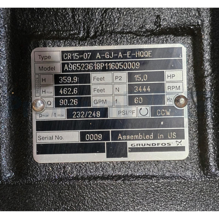 GRUNDFOS CR15-07 CENTRIFUGAL PUMP W/15HP MOTOR CR15-07A-GJ-A-E-HQQE 96523618 NEW