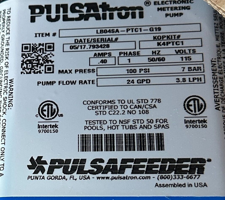 PULSAFEEDER LB04SA-PTC1-G19 / LB04SAPTC1G19 CHEMICAL METERING PUMP 115V NSMP