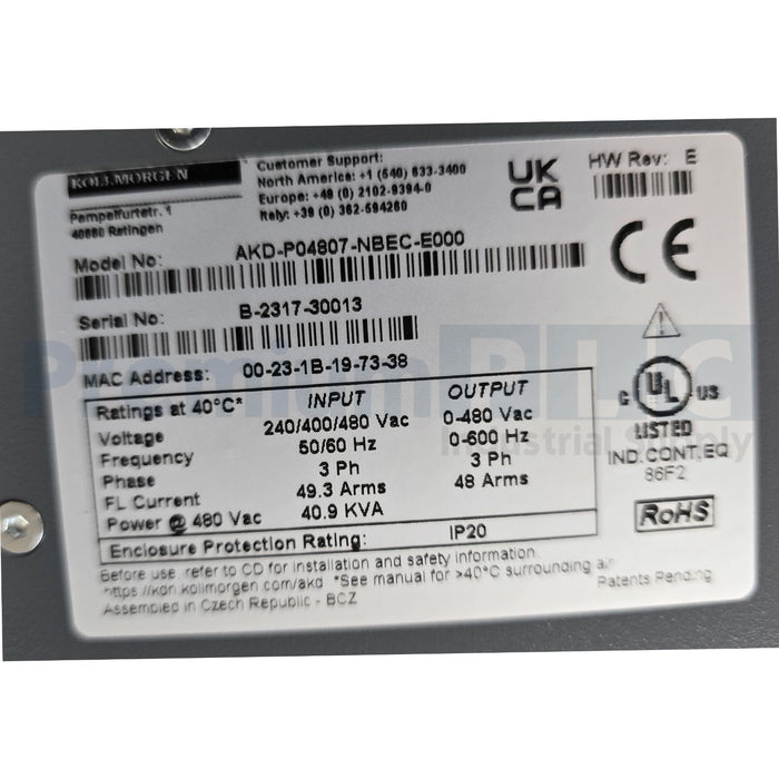 KOLLMORGEN AKD-P04807-NBEC-E000 AKD SERIES AC SERVO DRIVE EtherCAT COMM. NSMP