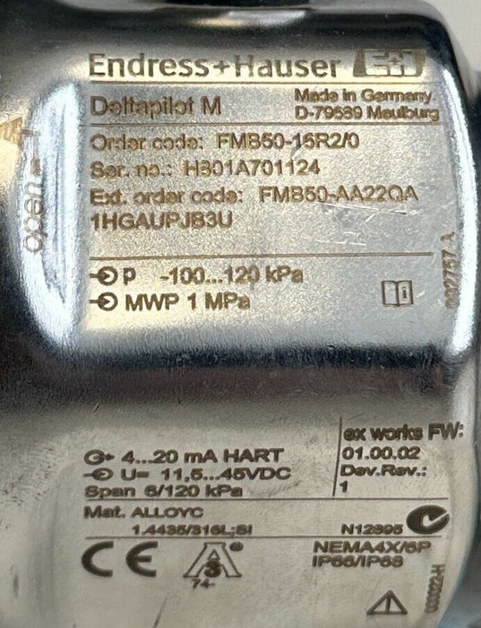 ENDRESS+HAUSER FMB50-16R2/0 / FMB50-AA22QA1HGAUPJB3U Deltapilot M HART REPAIRED