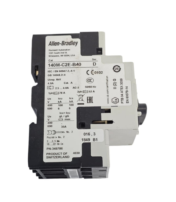 ALLEN BRADLEY 140M-C2E-B40 SER. D CIRCUIT BREAKER 2.5-4 AMP RANGE 140MC2EB40