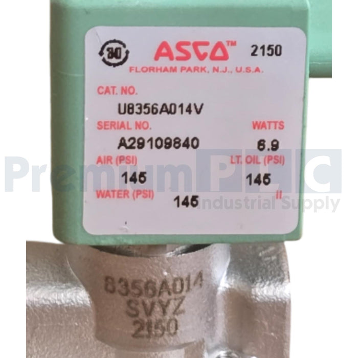 ASCO U8356A014V 3/2 8356 SERIES 3-Way/2-Pos SOLENOID VALVE 1/8" NPT SS 316 NUPI
