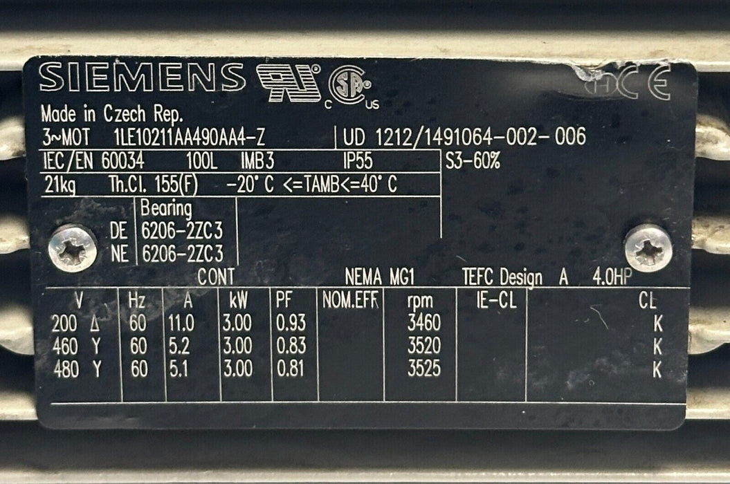 SIEMENS 1LE10211AA490AA4-Z / 1LE10211AA490AA4Z SIMOTICS MOTOR 3kW/4HP USNP