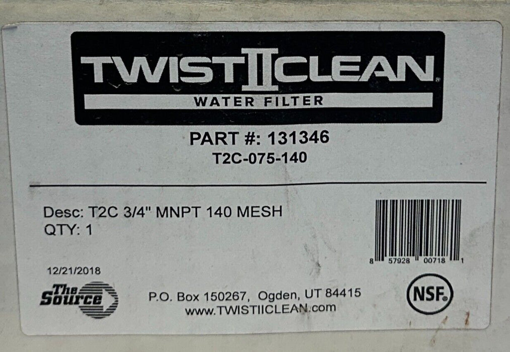 TWIST II CLEAN T2C-075-140 / 131346 WATER FILTER ASSEMBLY T2C 3/4'' MNPT NSMP