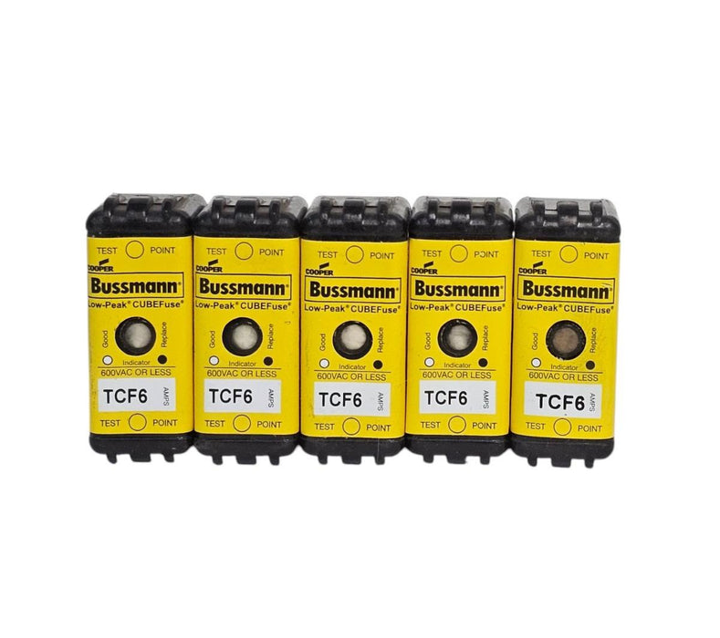 LOT OF 5 NEW COOPER BUSSMANN TCF6 LOW-PEAK CUBEfuses 300 VDC 600 VAC 6 AMP