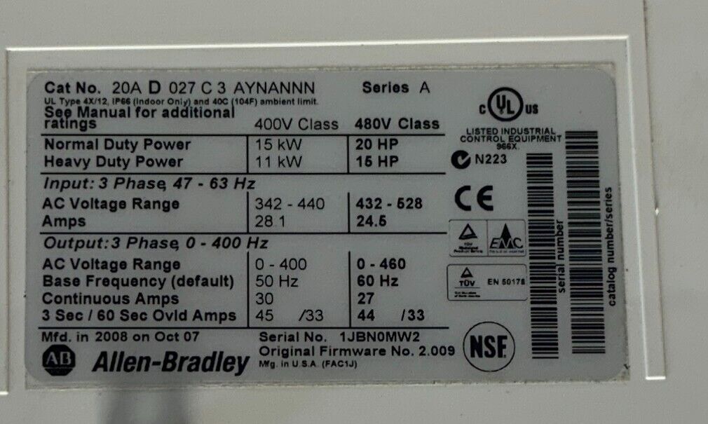 ALLEN BRADLEY 20AD027C3AYNANNN /A PowerFlex 70 AC DRIVE 15kW/20HP 480V USNP