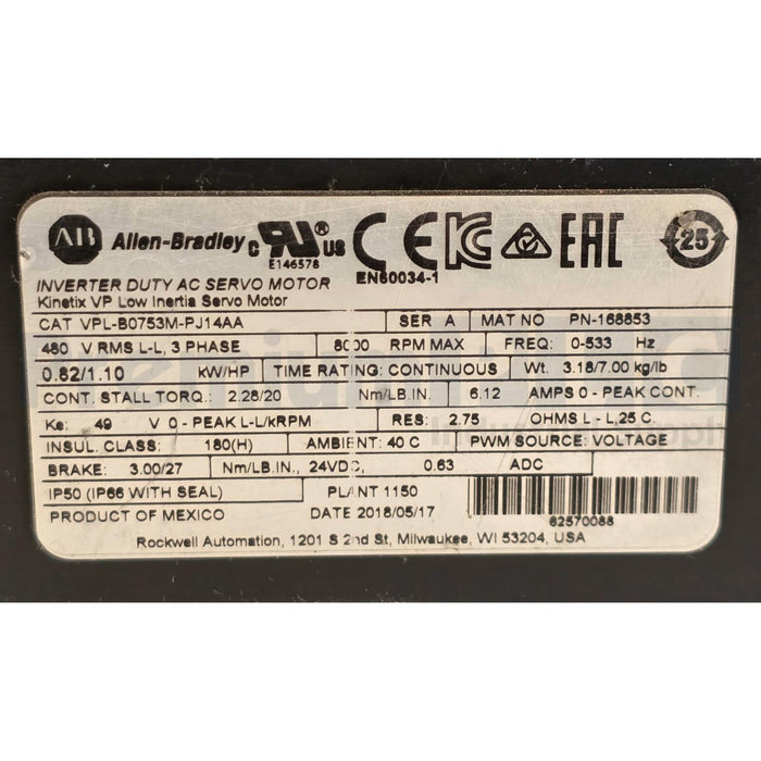 ALLEN BRADLEY VPL-B0753M-PJ14AA /A Kinetix VPL LOW-INERTIA SERVO MOTOR 480V NSNP