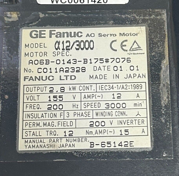 FANUC A06B-0143-B175#7076 / A06B0143B1757076 AC SERVO MOTOR a12/3000 2.8kW NSNP