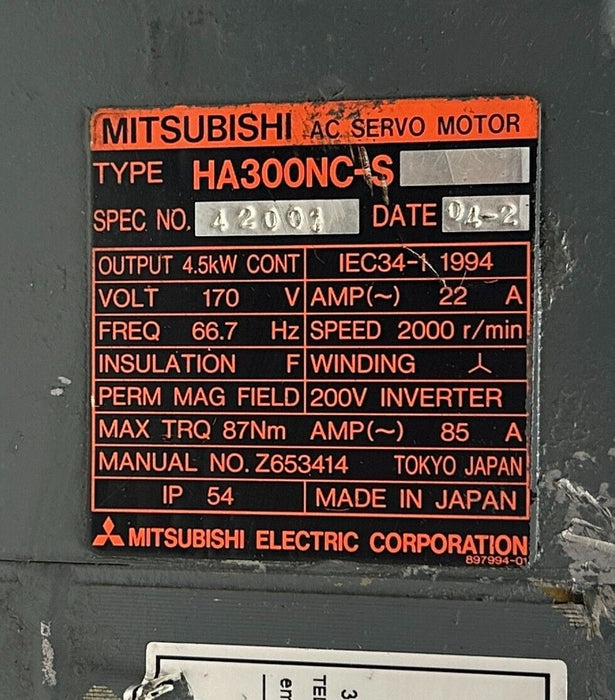 MITSUBISHI HA300NC-S / HA300NCS AC SERVO MOTOR SPEC 42001 4.5kW OSA104 REPAIRED