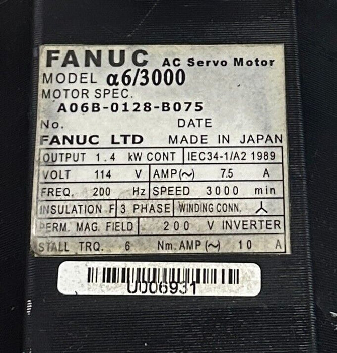 FANUC A06B-0128-B075 / A06B0128B075 AC SERVO MOTOR a6/3000 1.4kW 114V REPAIRED