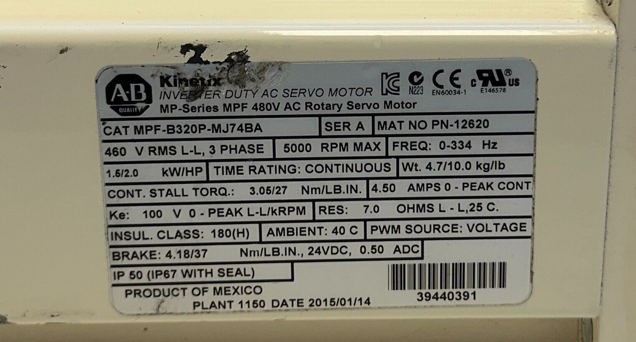 ALLEN BRADLEY MPF-B320P-MJ74BA /A MP-Series AC ROTARY SERVO MOTOR PN-12620 USNP