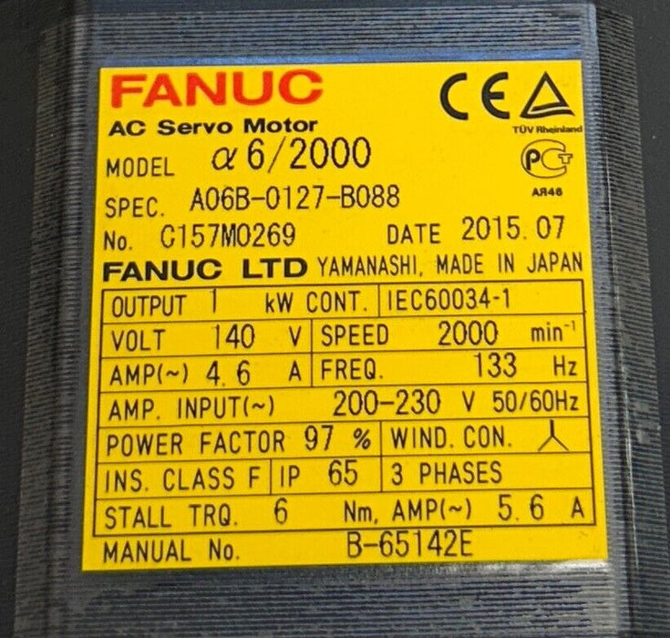 FANUC A06B-0127-B088 / A06B0127B088 AC SERVO MOTOR a6/2000 1kW OUTPUT 140V NSNP