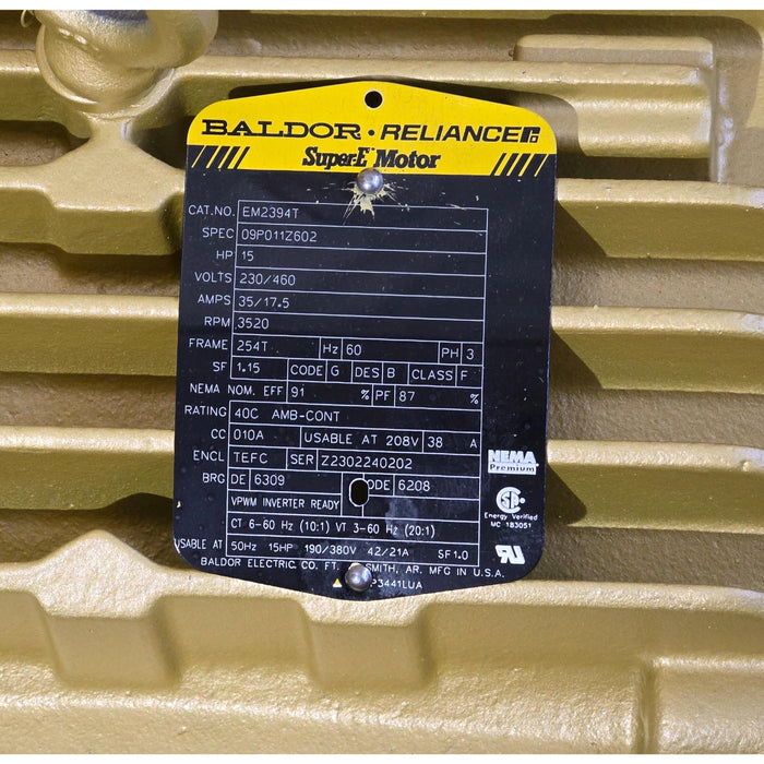 BALDOR ABB EM2394T SUPER-E MOTOR 15HP, 3520RPM, 3PH, 60HZ, 254T, 0930M, TEFC, F1