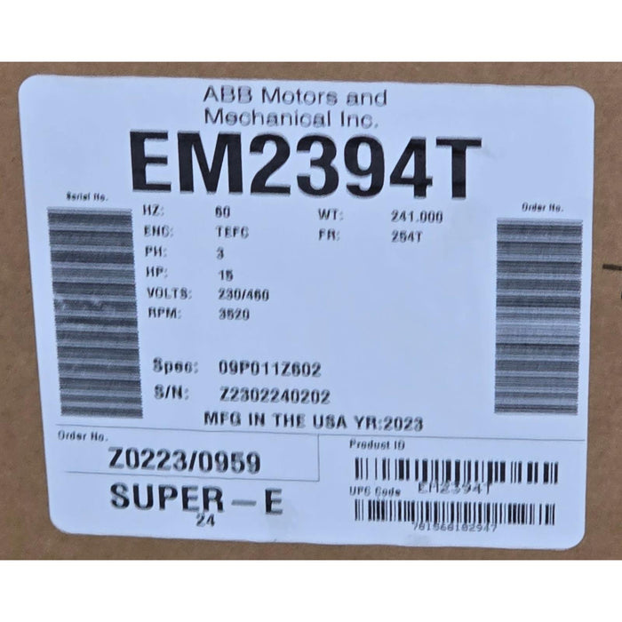 BALDOR ABB EM2394T SUPER-E MOTOR 15HP, 3520RPM, 3PH, 60HZ, 254T, 0930M, TEFC, F1