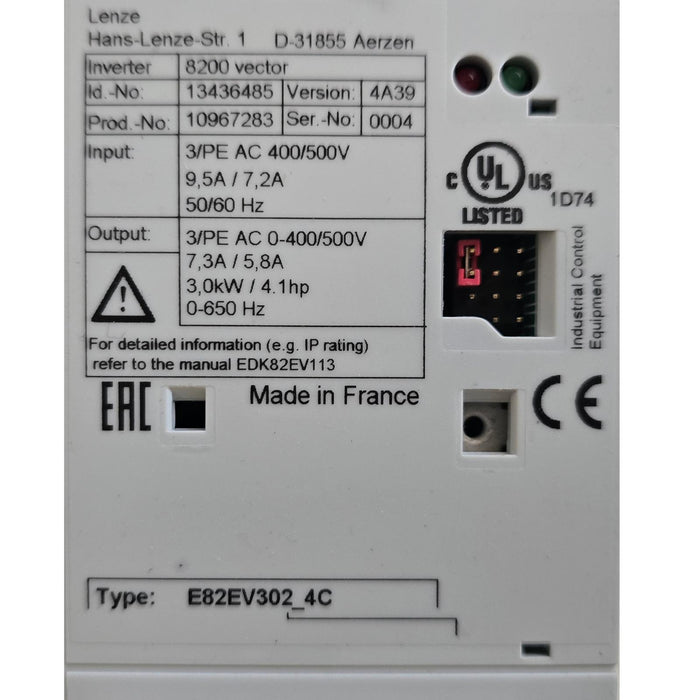 LENZE E82EV302_4C / E82EV302K4C VER. 4A39 8200 VECTOR INVERTER 3kW 13436485 NSMP