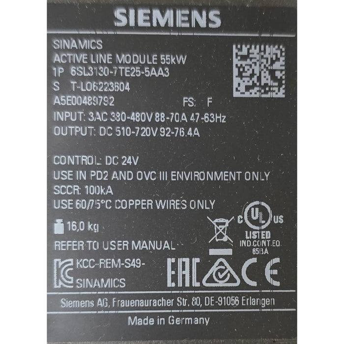 SIEMENS 6SL3130-7TE25-5AA3 SINAMICS S120 ACTIVE LINE MODULE 55kW 92A NSMP