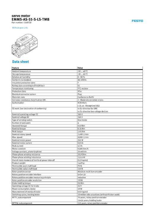 FESTO 1569739 EMMS-AS DC SERVO MOTOR EMMS-AS-55-S-LS-TMB 360V w/BRAKE 24V NUPI