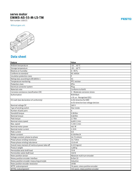 FESTO 550111 EMMS-AS DC SERVO MOTOR EMMS-AS-55-M-LS-TM 360VDC NUPI