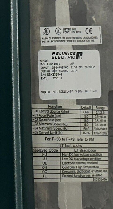 RELIANCE ELECTRIC 1SU41001 / SP500 VS AC DRIVE 1HP 380-460VAC 3PH 2.5A NSMP