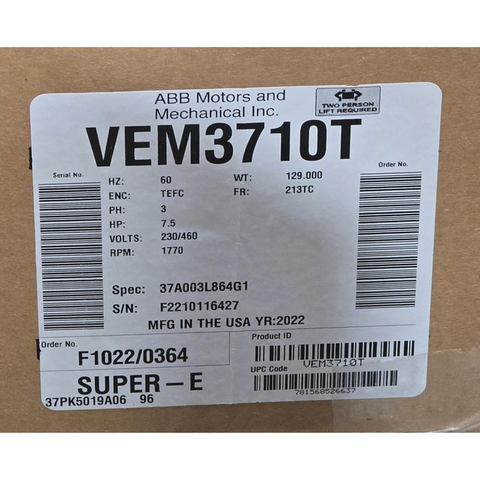 ABB BALDOR VEM3710T SUPER-E MOTOR 7.5HP, 1770RPM, 3PH, 60HZ, 213TC, 3738M, TEFC