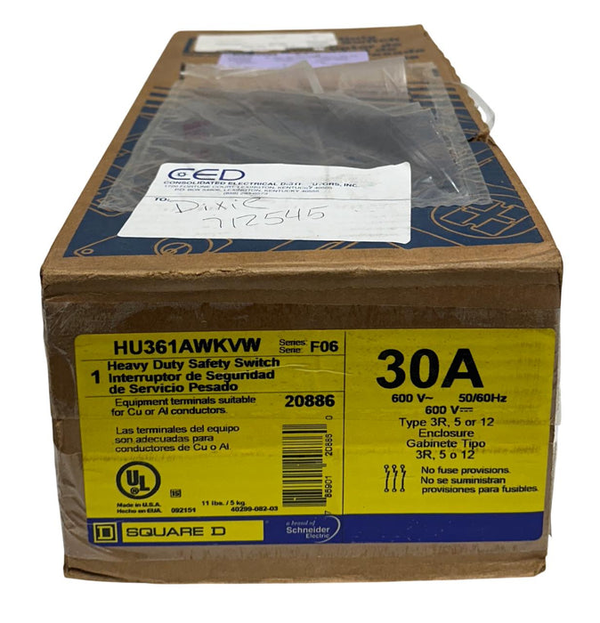 SQUARE D HU361AWKVW SERIES F06 HEAVY DUTY SAFETY SWITCH 30A 600V 50/60Hz NSMP