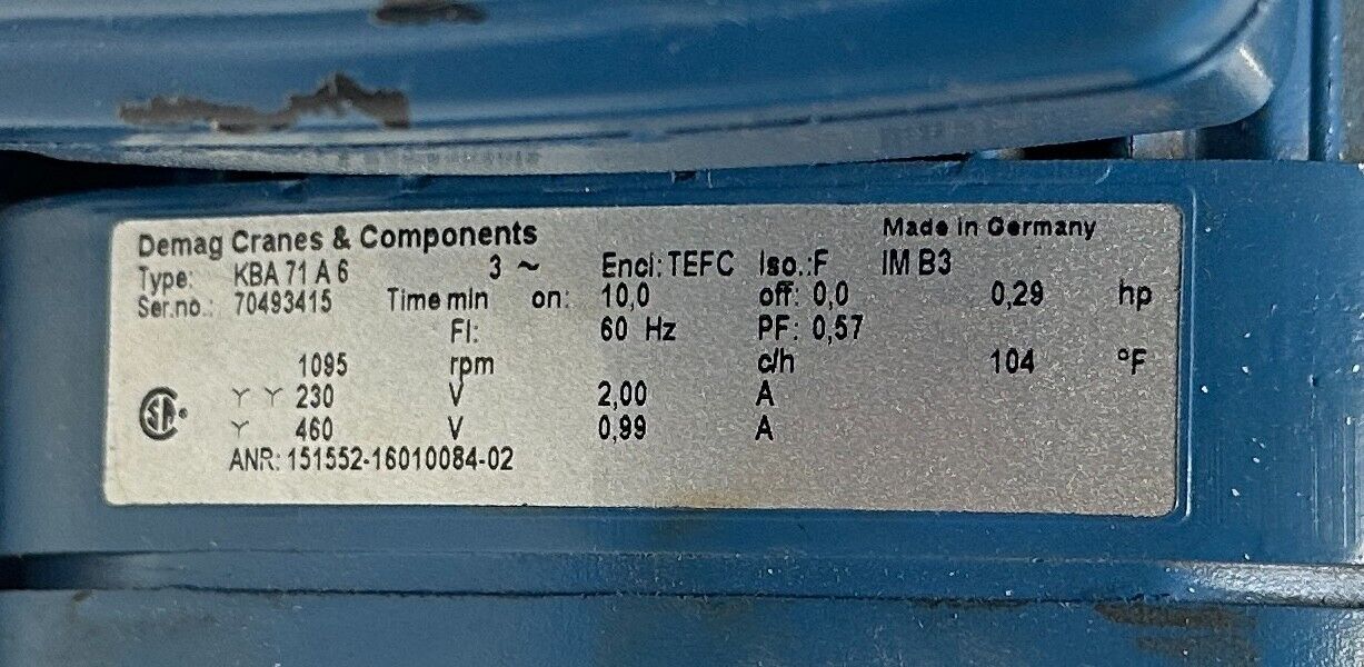 DEMAG TEREX AF05 OEL : 0,3L / KBA 71 A 6 GEAR MOTOR 0.29HP 3PH 230/460V NSNP