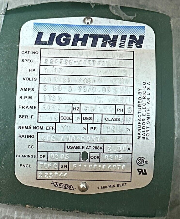 BALDOR 35S336-0087G2 / 223844 LIGHTNIN ELECTRICAL MOTOR 1.17HP 3PH TEFC NSMP