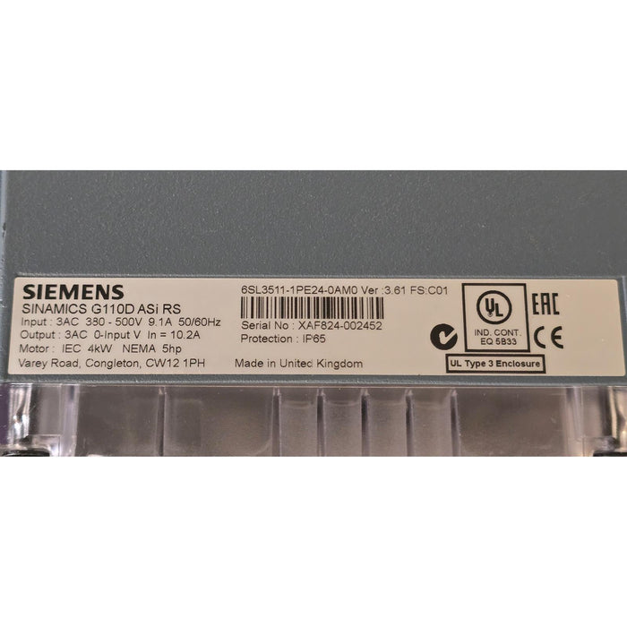 SIEMENS 6SL3511-1PE24-0AM0 Ver 3.61 SINAMICS G110D ASi RS AC DRIVE 4kW/5HP NSNP