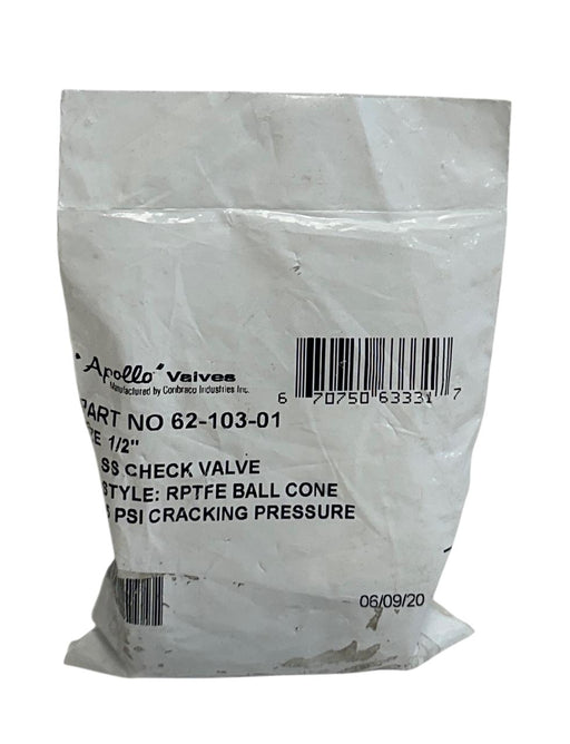 APOLLO VALVES 62-103-01 / 6210301 STAINLESS STEEL CHECK VALVE 1/2'' RPTFE NSFS