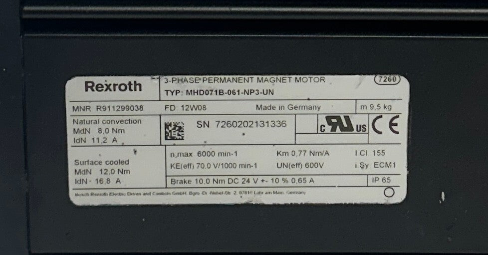 REXROTH MHD071B-061-NP3-UN / R911299038 SERVO MOTOR 3PH 24VDC BRAKE 600V NSNP