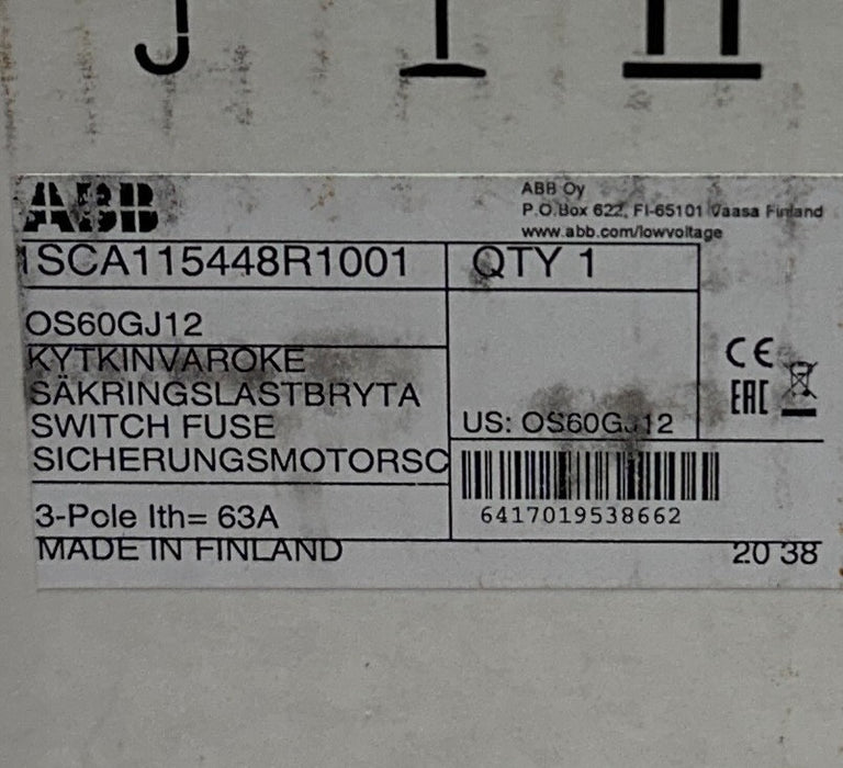 ABB 1SCA115448R1001 / OS60GJ12 FUSIBLE DISCONNECT SWITCH 3-POLE 60A CLASS J NSMP