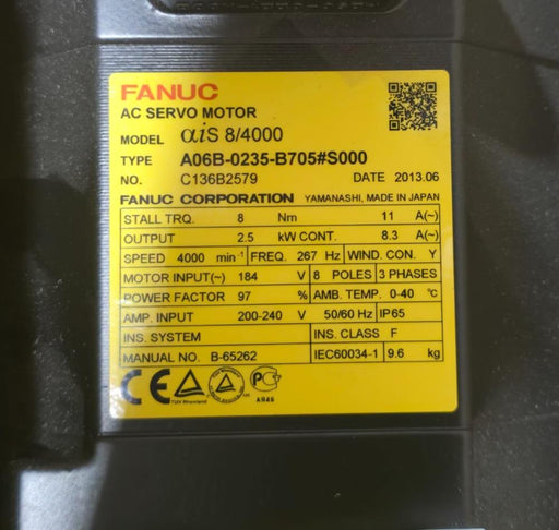 FANUC A06B-0235-B705#S000 aiS 8/4000 AC SERVO MOTOR 2.5kW A06B-0235-B705 NSMP