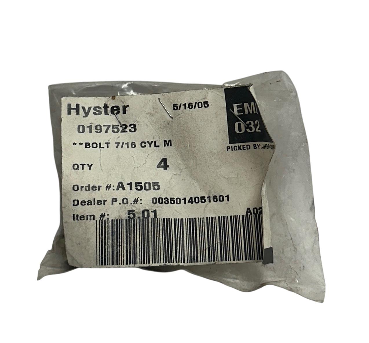 4 HYSTER 0197523 / HY0197523 OEM BOLTS 7/16'' CYL M FOR FORKLIFT NSNP