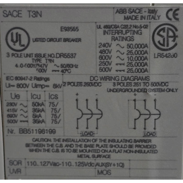 ABB SACE TMAX T3 N 225 T3N100TW-S4 100A, 3-P, SHUNT TRIP CIRCUIT BREAKER NSMP